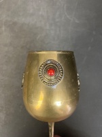 Four brass goblets griffin mounts coloured stones - 3