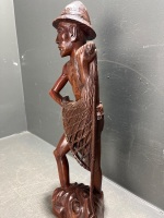 Carved hardwood fisherman figure with net - 2