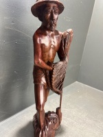 Carved hardwood fisherman figure with net - 3