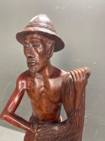 Carved hardwood fisherman figure with net - 5