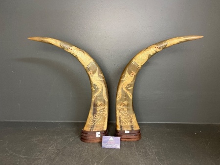 Pair engraved buffalo horns dragon phoenix tiger