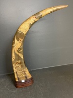 Pair engraved buffalo horns dragon phoenix tiger - 2