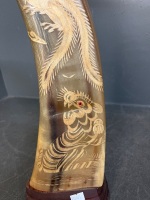Pair engraved buffalo horns dragon phoenix tiger - 5