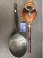 3 x copper cooking pans wood and iron handles - 3