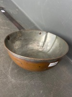 3 x copper cooking pans wood and iron handles - 5