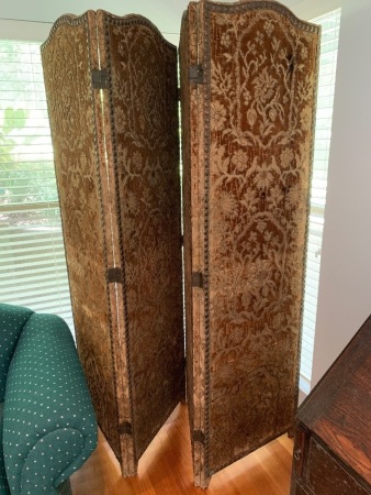 Large Vintage 4 Part Folding Screen with Velour Flock Covering