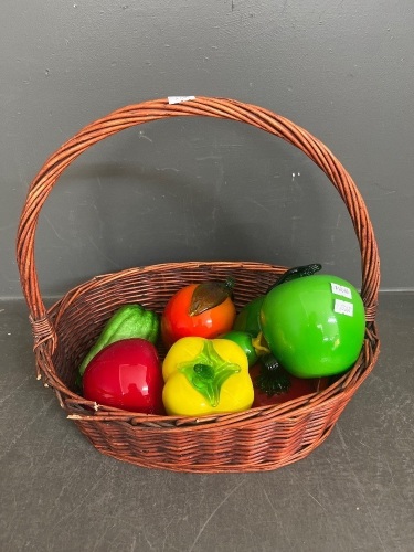 Glass fruit vegetables and wicker basket