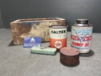 Caltex Rover mower oil John Bull and Douglass tins