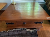 Contemporary Teak Coffee Table with Single Drawer & Iron Bands