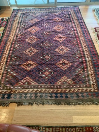 Vintage Afghani Hand Woven Wool Kilim Red with Diamond and Crosses Pattern