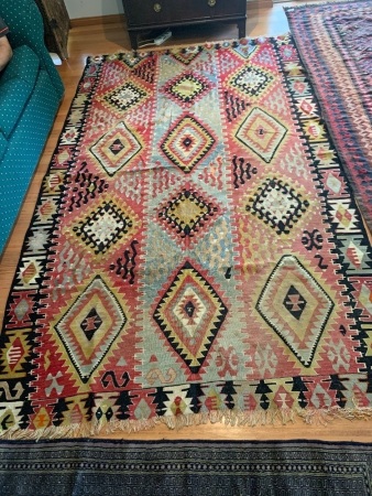 Vintage Afghani Kilim in Red, Black, Aqua & Yellow with Diamond Design