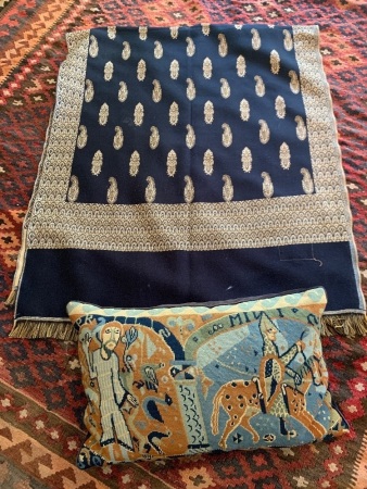 Large EmbroideredÂ  Cushion + Navy Wool Throw