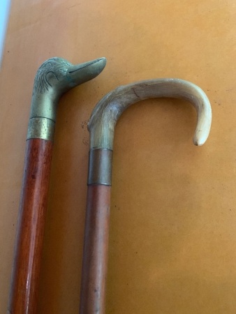 2 Timber Walking Sticks - 1 Bone Handled 1 Brass