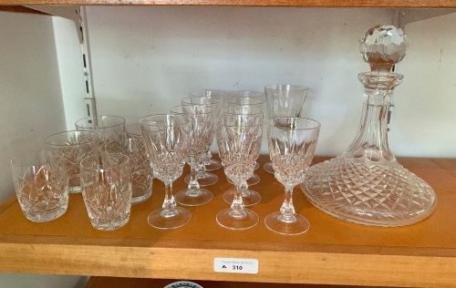 Crystal Ships Decanter + 16 Asstd Crystal/Glasses