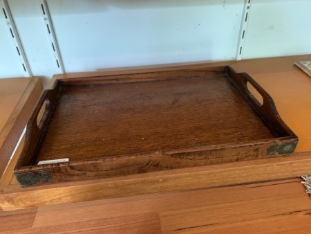 Vintage Oak Serving Tray with Metal Corners