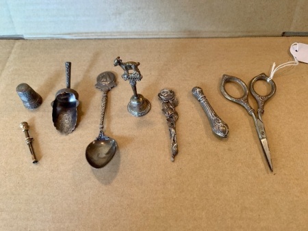 Asstd Lot of Small Sterling Silver Items inc. Spoon, Scissors, Thimble, Sugar Scoop, Needle Case Etc