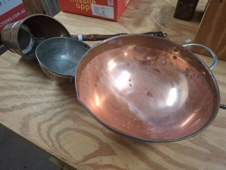 3 x copper cooking pans wood and iron handles