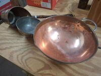 3 x copper cooking pans wood and iron handles