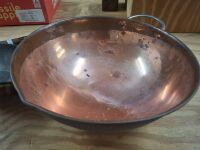 3 x copper cooking pans wood and iron handles - 2