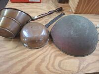3 x copper cooking pans wood and iron handles - 9