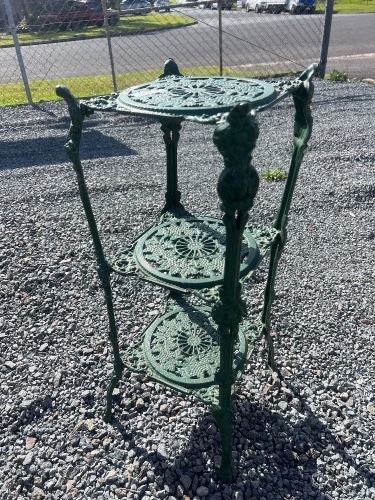 Green cast iron three tier plant stand grape pattern