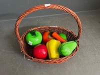 Glass fruit vegetables and wicker basket