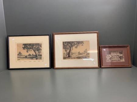 A Pair of Framed Itaglio Prints Signed by Ernest E Abbott titled 'Long Shadows' & 'Sunset After Rain' + Caboolture Divisional Photo