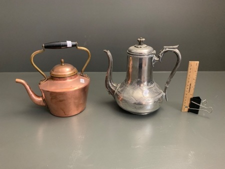 Antique Britannia Metal Coffee Pot + Copper Kettle