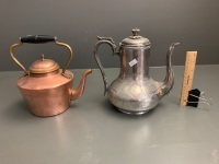 Antique Britannia Metal Coffee Pot + Copper Kettle - 3