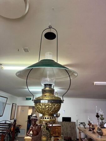 Green Enamel Hanging Oil Lamp with Ornate Embossed Brass Centre