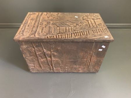 Antique Pressed Tin Covered Firewood Box with Cottqage Scene
