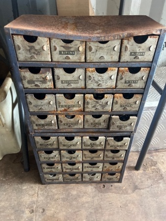 vintage industrial multi-drawer metal parts cabinet