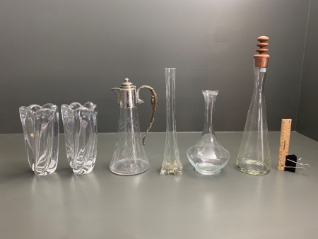 Asstd Lot of Vintage Glass & Crystal inc. Pair Heavy Vases, Wine Decanter etc