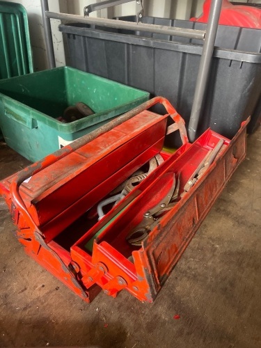 Tiered Metal Toolbox with Assorted Hand Tools, Locking Pliers, Pipe Wrenches & Spirit Level