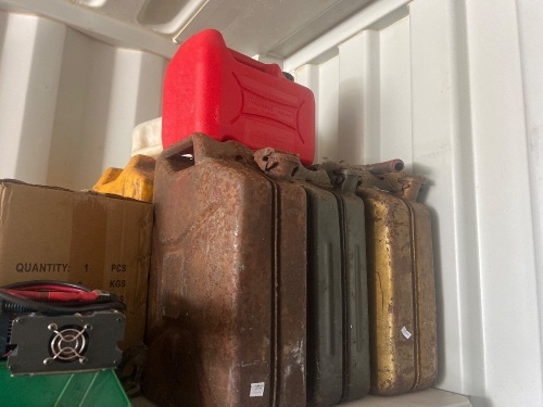Large Lot of Metal and Plastic Fuel Containers
