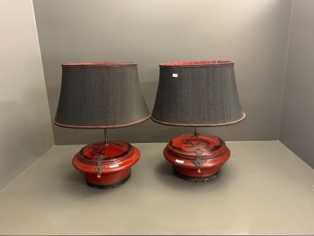 Pair of Vintage Hand Painted Chinese Timber Banquet Lamps & Shades