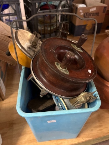 Blue Tub of Mixed Fishing Reels