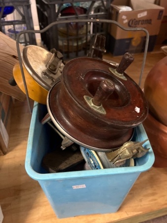 Blue Tub of Mixed Fishing Reels