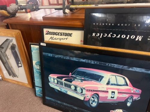 Large Lot Of Framed Automotive Prints, Motoring Signs And Classic Car Artwork