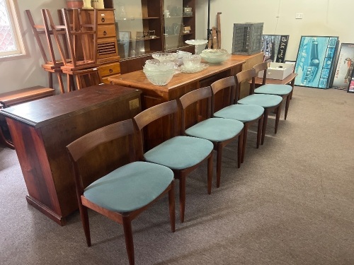 Set Of 6 Timber Dining Chairs With Blue Upholstered Seats