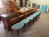 Set Of 6 Timber Dining Chairs With Blue Upholstered Seats
