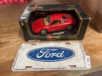 Galvanised Ford Sign and Ferrari Model Car