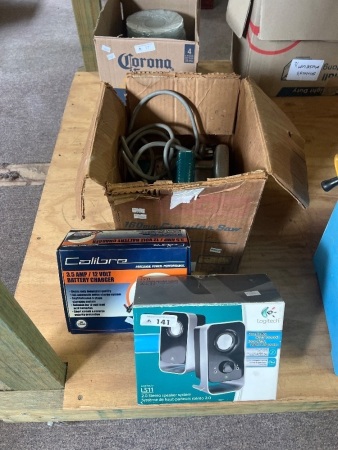Assorted Electrical Items Including Logitech Speakers, Battery Charger And Circular Saw