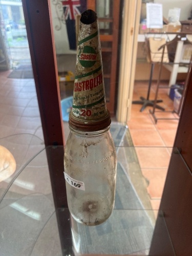 Castrol Tin Pouring Spout on Clear Glass Oil Bottle