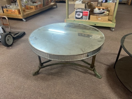 Pair of round side tables modern glass tiered table and vintage Hollywood Regency paw foot table