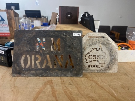 Pair of vintage metal wool bale stencils - Orama and CSIRO