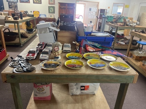Large Lot of Destination Flags, Plates, Model Car Money Box and Collectable Cast Iron Moneybox with Brass Horse Brasses