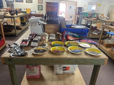 Large Lot of Destination Flags, Plates, Model Car Money Box and Collectable Cast Iron Moneybox with Brass Horse Brasses