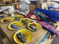 Large Lot of Destination Flags, Plates, Model Car Money Box and Collectable Cast Iron Moneybox with Brass Horse Brasses - 3