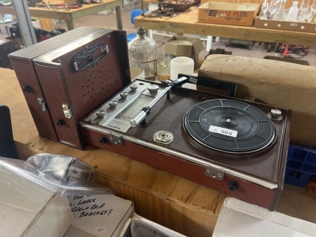 Sanyo G-2312 Portable Stereo Record Player and Radio Housed in a Brown Briefcase-Style Case